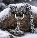 Viking Wolf Head Thor's Hammer Stainless Steel Pendant Necklace, Silver, 24". Fixed Price $19.99.