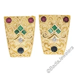 Vintage 18K Gold Ruby Emerald Sapphire & Diamond Wire Work Omega Cuff Earrings. Fixed Price $3140.00.