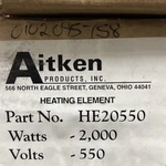 Aitken Brand, Heating Element, HE20550, 2,000WATTS, 550VOLTS,NOS Made Usa. Fixed Price $100.00.
